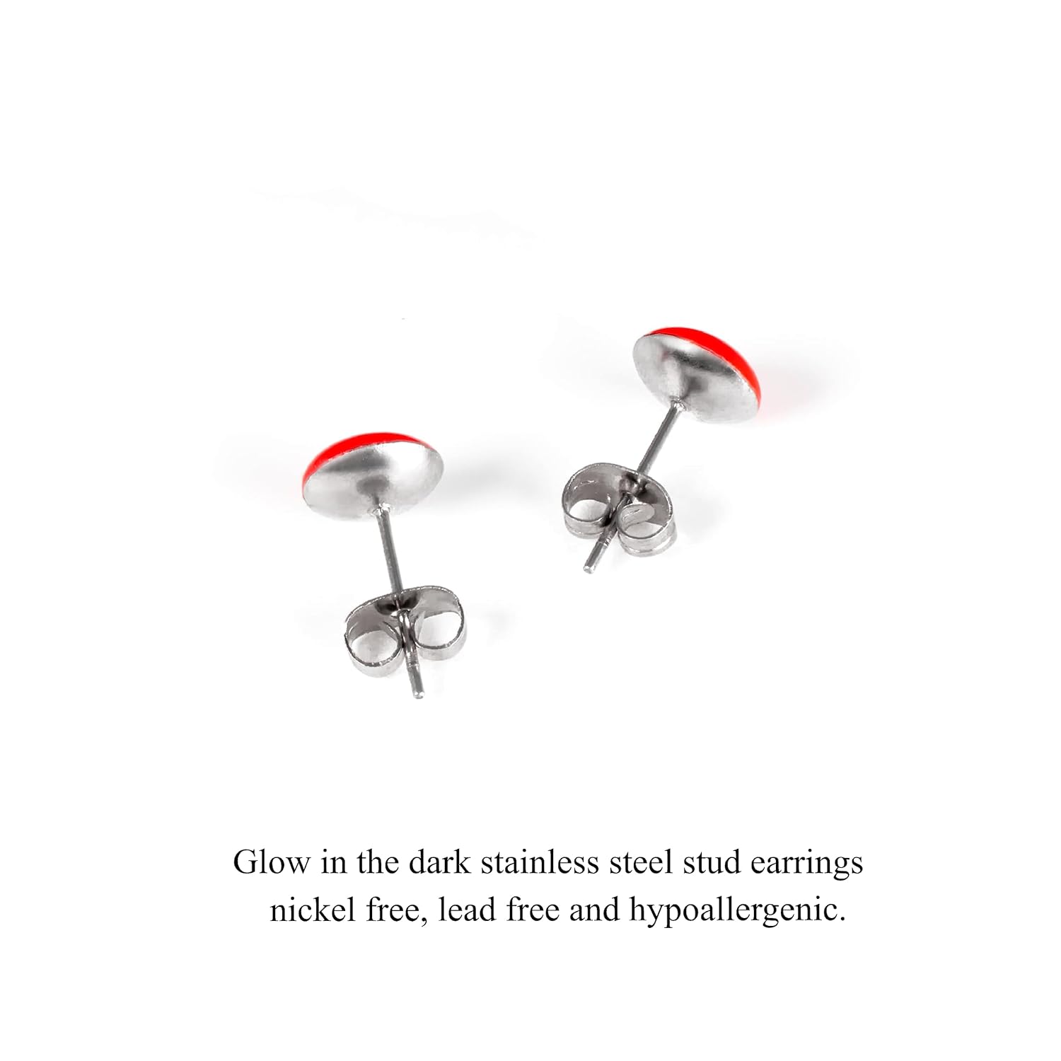 Glow in the Dark 8 mm Stainless Steel Stud Earrings for Women Teen and Girls, Elesea Jewelry – Handmade in Italy (Neon Orange, 8 mm.)