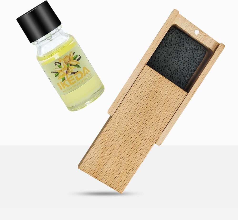 Ikeda – Ambientador para automóvil caja de madera con difusor de fragancia, aromas para automóvil, con un aceite esencial, con piedra volcánica,