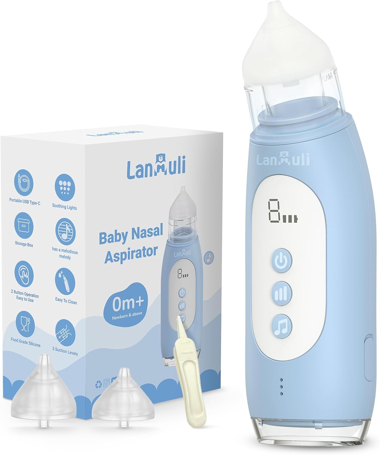 LANMULI Aspirador nasal de grado hospitalario para bebé, succión nasal automática para niños, limpiador de mocos para bebés con nivel de succión
