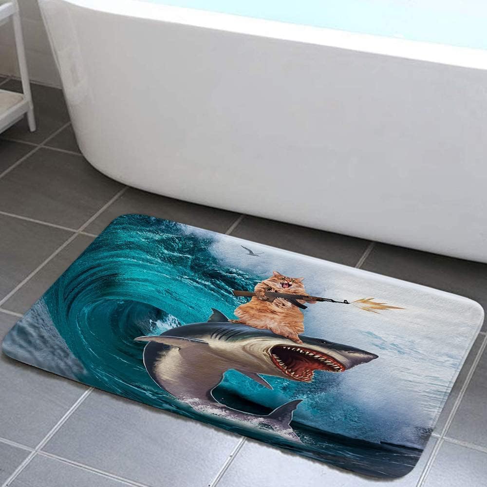 NYMB Divertida alfombra de baño con diseño de gato, genial alfombra de ducha para cocina, cocina, baño, equitación, ballena, tiburón en olas del