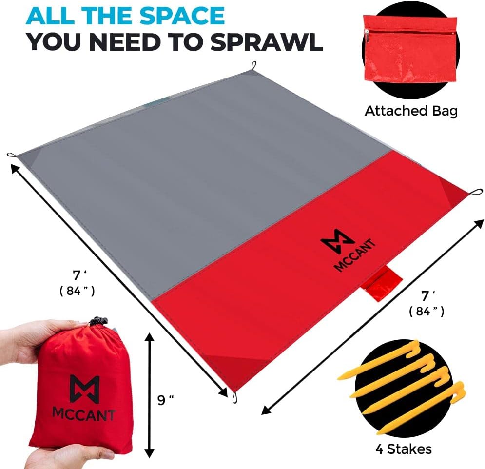 MCCANT Manta de bolsillo para playa, 84 x 84 pulgadas, manta de playa de nailon extrasuave sin arena, manta de picnic impermeable con 4 estacas y