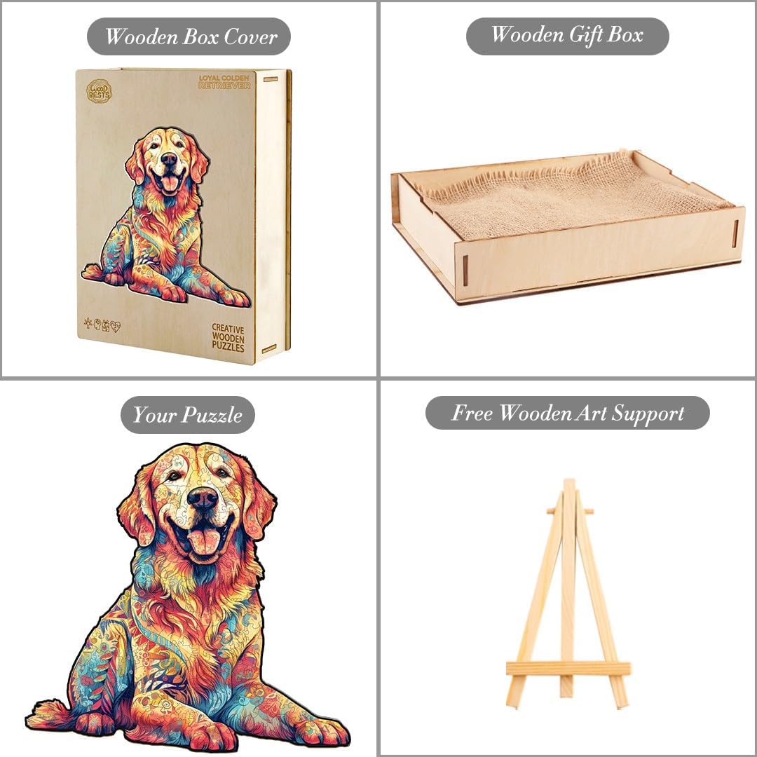 Rompecabezas de madera, rompecabezas de perro Golden Retriever leal, 12.5 x 11.9 pulgadas, 200 piezas, rompecabezas de forma única de animales,