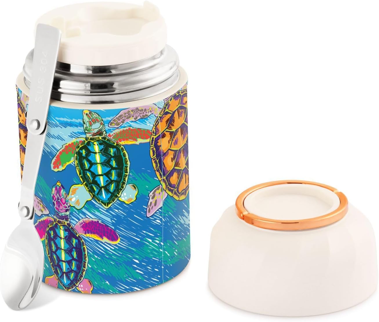 Little Sea Turtles Termo para comida caliente, 17 onzas, termo aislado para alimentos con cuchara plegableasa, contenedores de almacenamiento de