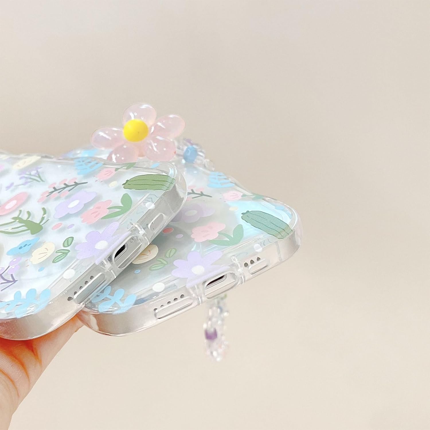 Compatible con iPhone 78SE, bonito estampado de flores coloridas con una bonita cadena de pulsera de flores, funda transparente de borde ondulado,