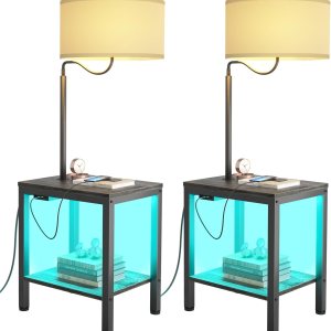 Lámpara de pie LED con mesa, mesa auxiliar con luz LED y toma de corriente, mesita de noche con lámpara, mesa auxiliar con lámpara adjunta para sala Lámpara de pie LED con mesa, mesa auxiliar con luz LED y toma de corriente, mesita de noche con lámpara, mesa auxiliar con lámpara adjunta para sala