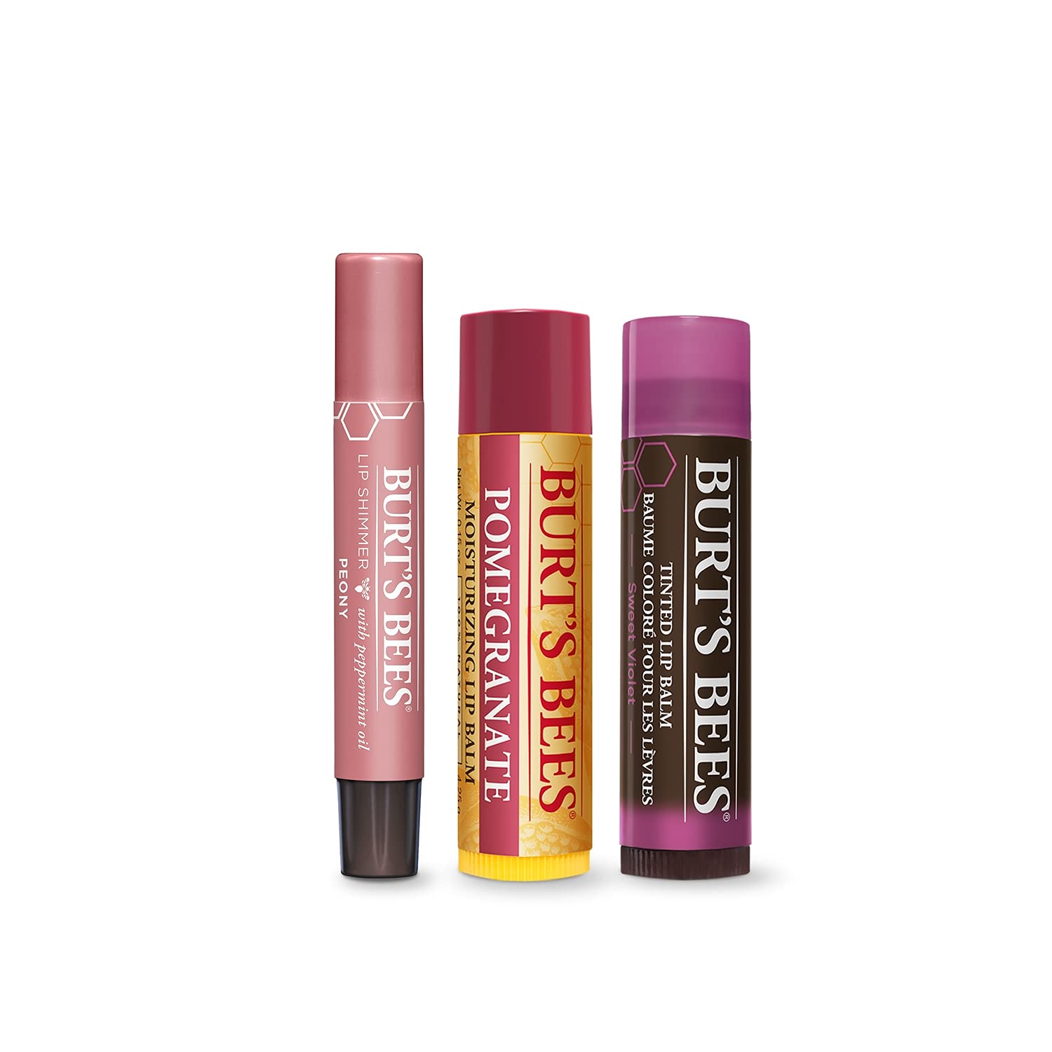 Burts Bees Mistletoe Kiss Kit Unisex 2021-0.15oz Bálsamo labial hidratante de granada, brillo labial de peonía de 0.09 onzas, bálsamo labial teñido
