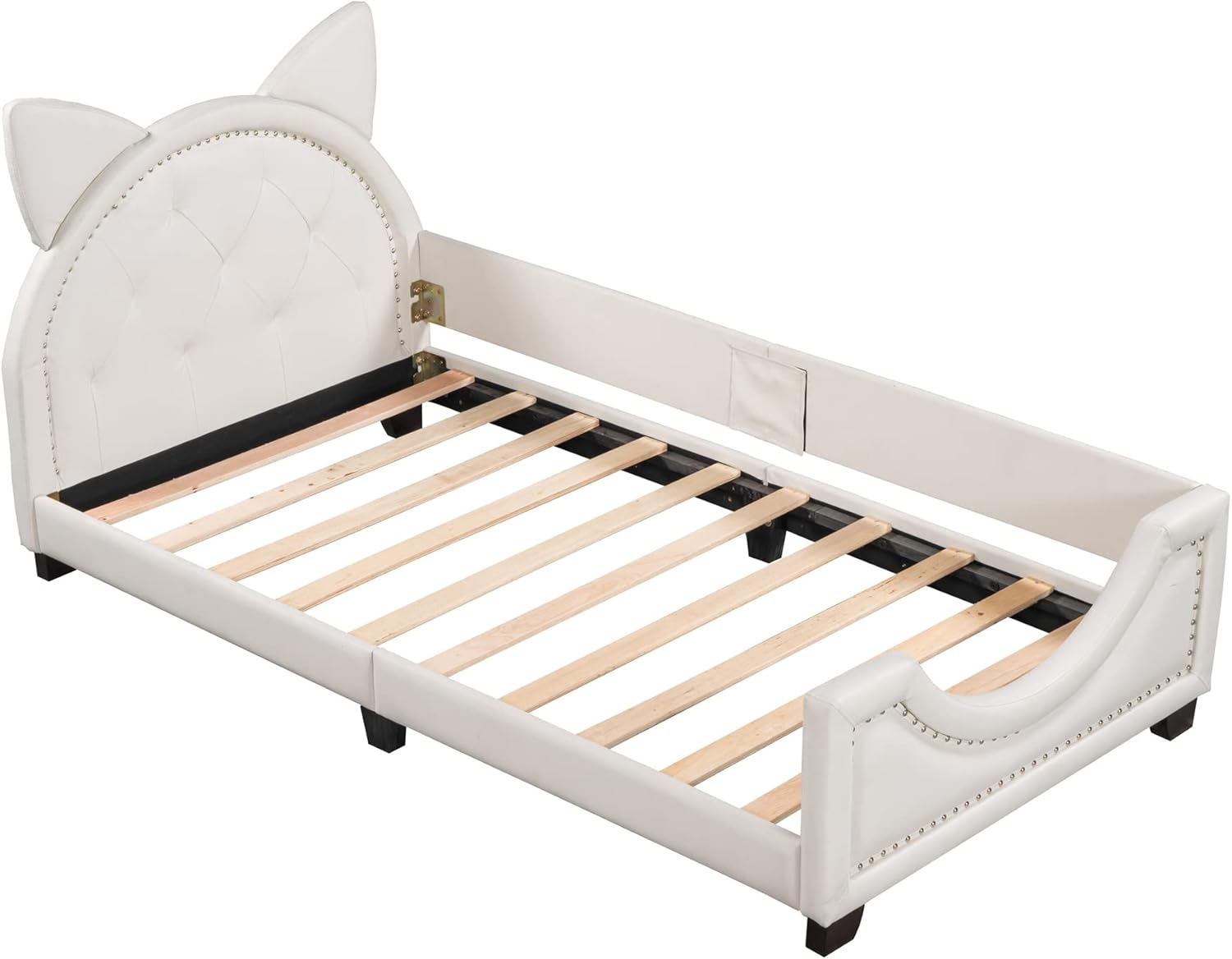 Cama individual tapizada blanca con cabecero copetudo en forma de orejas, base de cama de plataforma baja con rieles para niños, niñas, niños y
