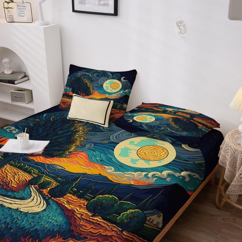 zcsm Sábanas abstractas tamaño Queen  Sábanas de cama de cielo estrellado de 4 piezas y bolsillo profundo de 16 pulgadas, sábanas de microfibra
