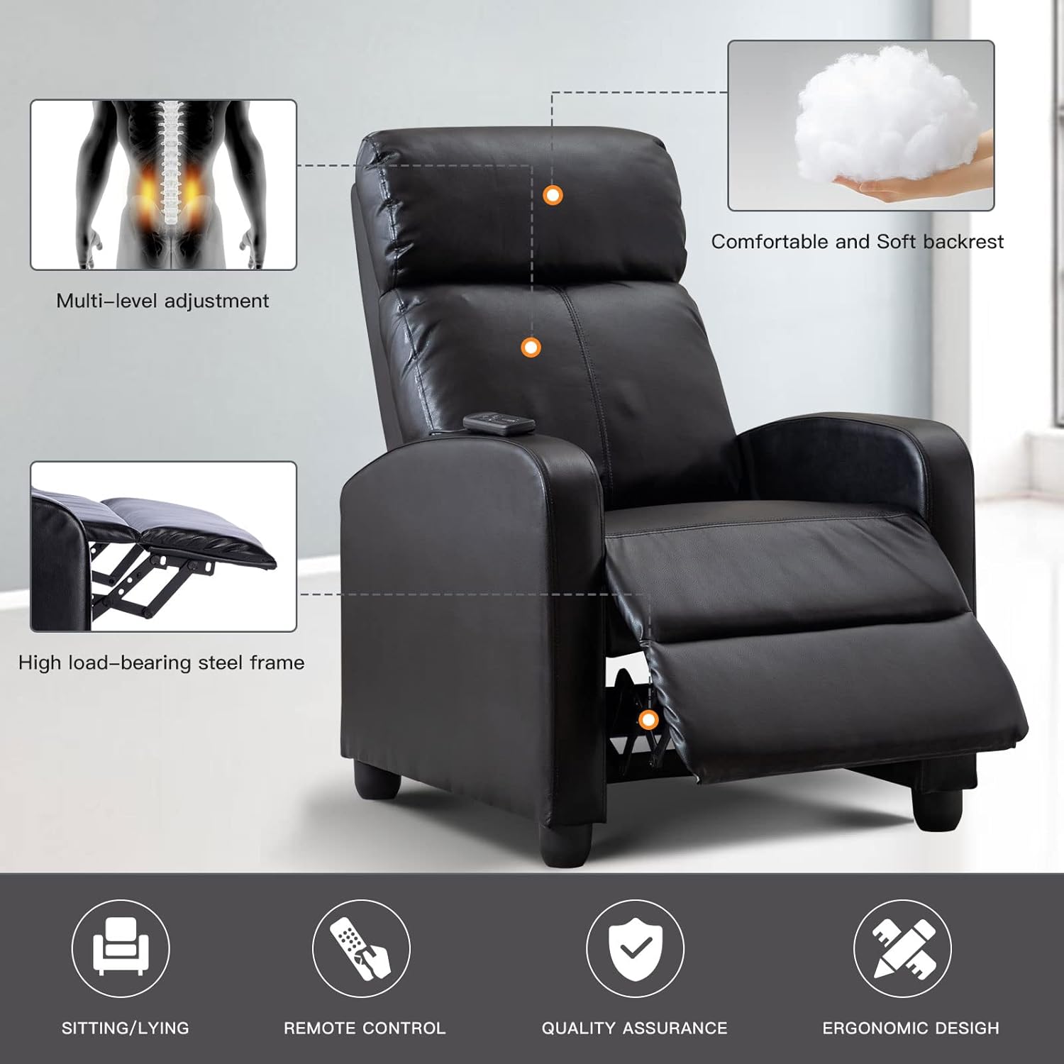 ANJ Winback – Silla reclinable de piel sintética, asiento reclinable acolchado moderno, sofá individual para sala de estar, asiento ajustable para