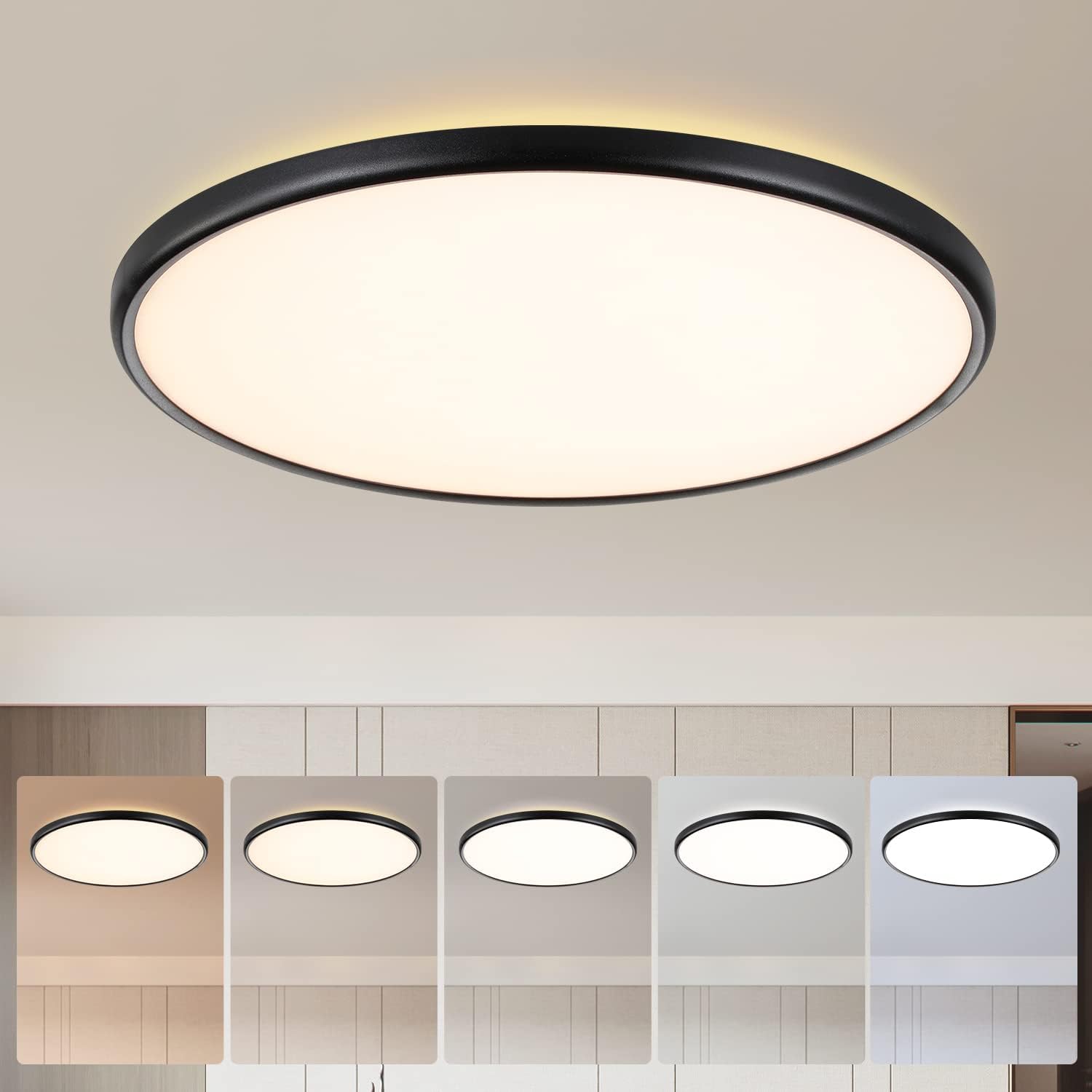 TALOYA Lámpara de techo LED de montaje empotrado negro de 18 pulgadas para sala de estar, comedor, ultrafina, superficie redonda, brillo regulable