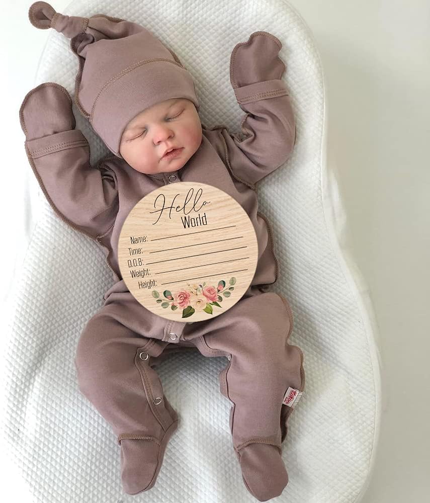 Tarjeta redonda de anuncio de nacimiento de madera personalizada para bebé recién nacido, placa de madera con el nombre del bebé y detalle de