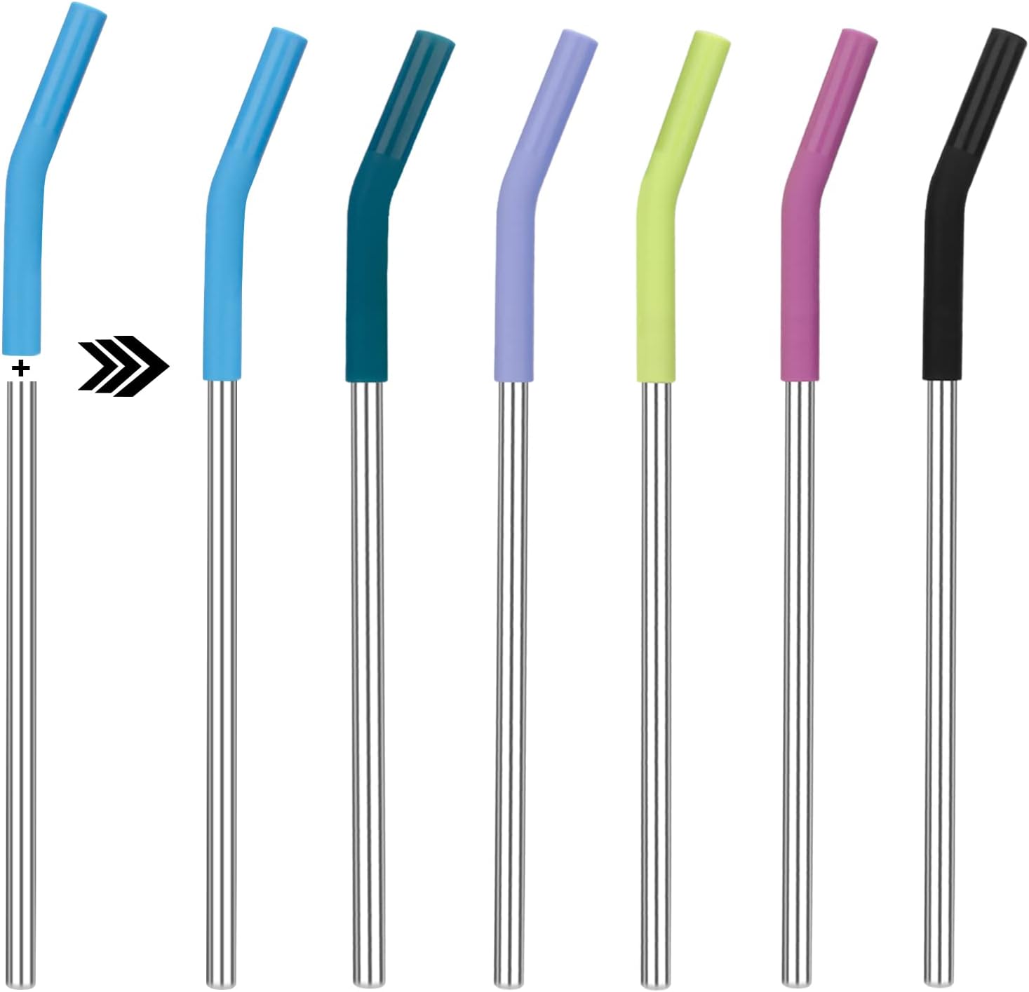 Sursip Juego de 6 popotes reutilizables de acero inoxidable con silicona, popotes de 0.315 pulgadas de ancho para batidos de frutas, 6 popotes de