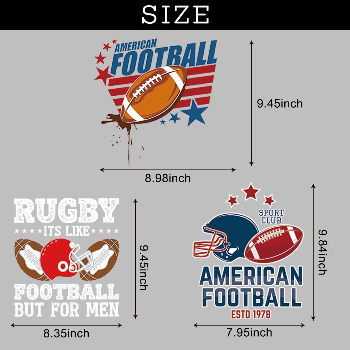 Juego de 3 hojas de parches de transferencia de fútbol americano, parches para niñas, parches para ropa, camisetas, flores, patrones surtidos,
