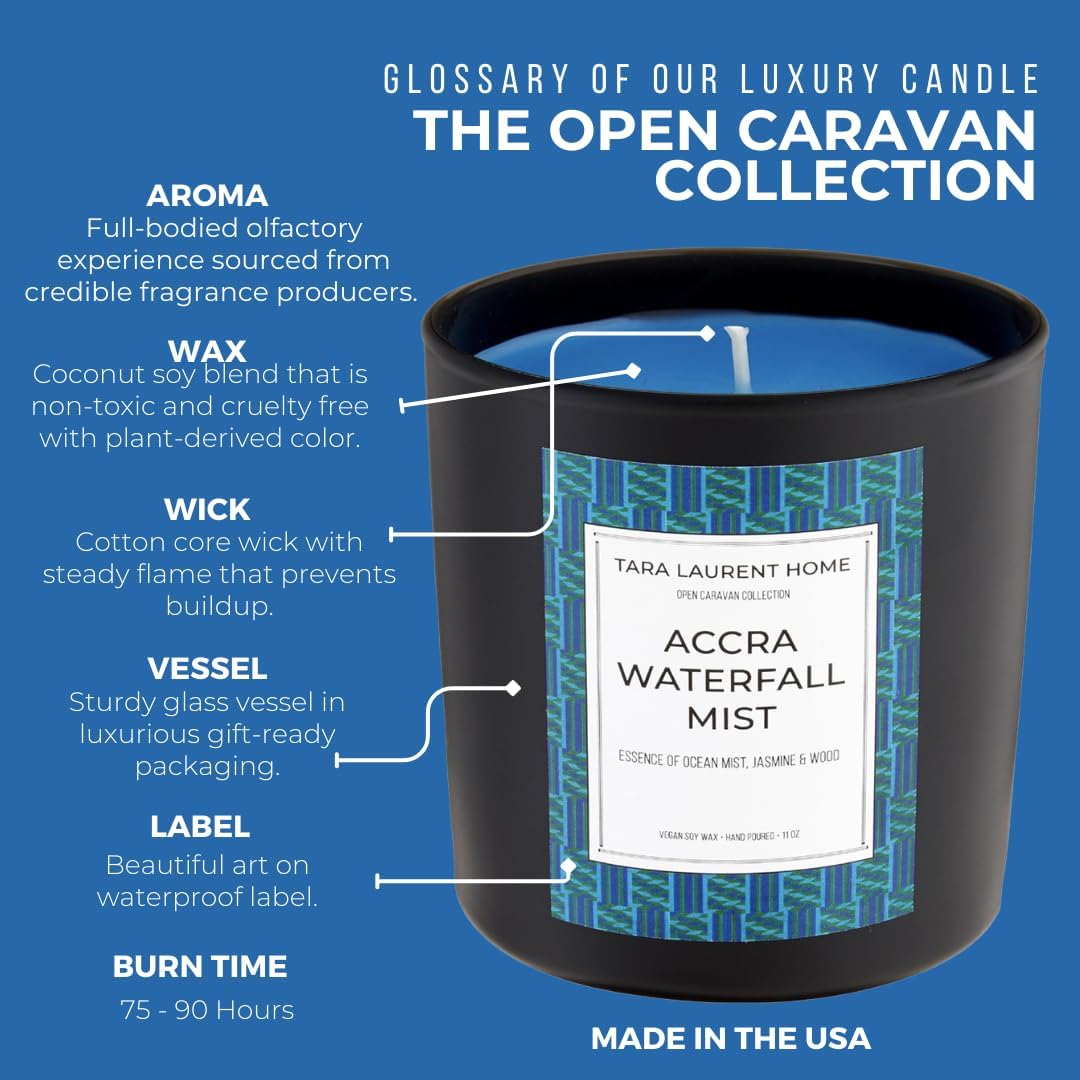 Vela de soja de lujo perfumada Open Caravan Collection  Bruma de cascada de Accra  Mezcla de té blanco y bergamota  Mecha única de 11 onzas  Largo