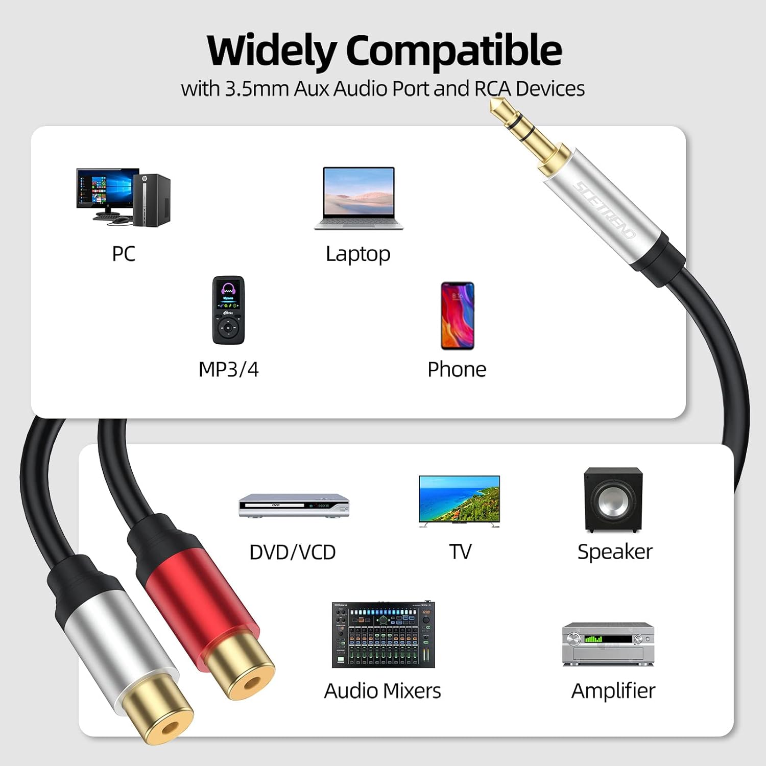 RCA hembra a 0.138 in macho 1 pie 2 unidades, 0.138 in Aux a 2 RCA hembra Y, cable de audio estéreo chapado en oro, compatible con altavoz estéreo,