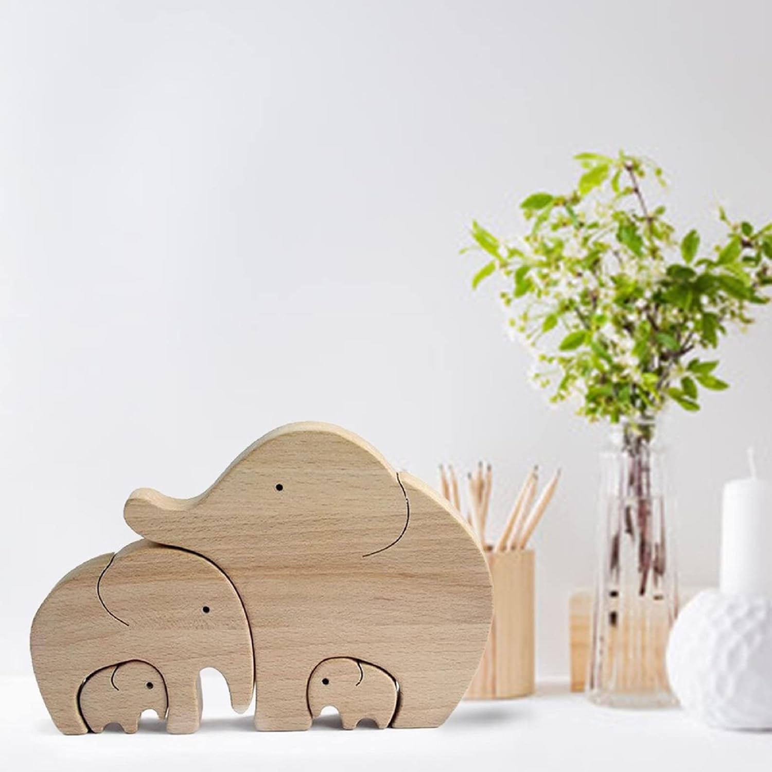1 juego de elefante de madera para la familia, decoración de elefantes, decoración de elefantes, figuras coleccionables para el hogar, oficina,