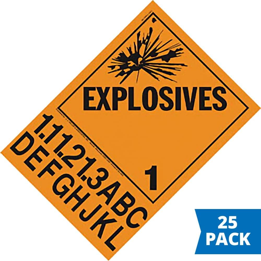 Division 1.1A-1.3L – Cartel de explosivos, redactado, paquete de 25 unidades, vinilo autoadhesivo permanente de 10.75 x 14.875 pulgadas, J. J.