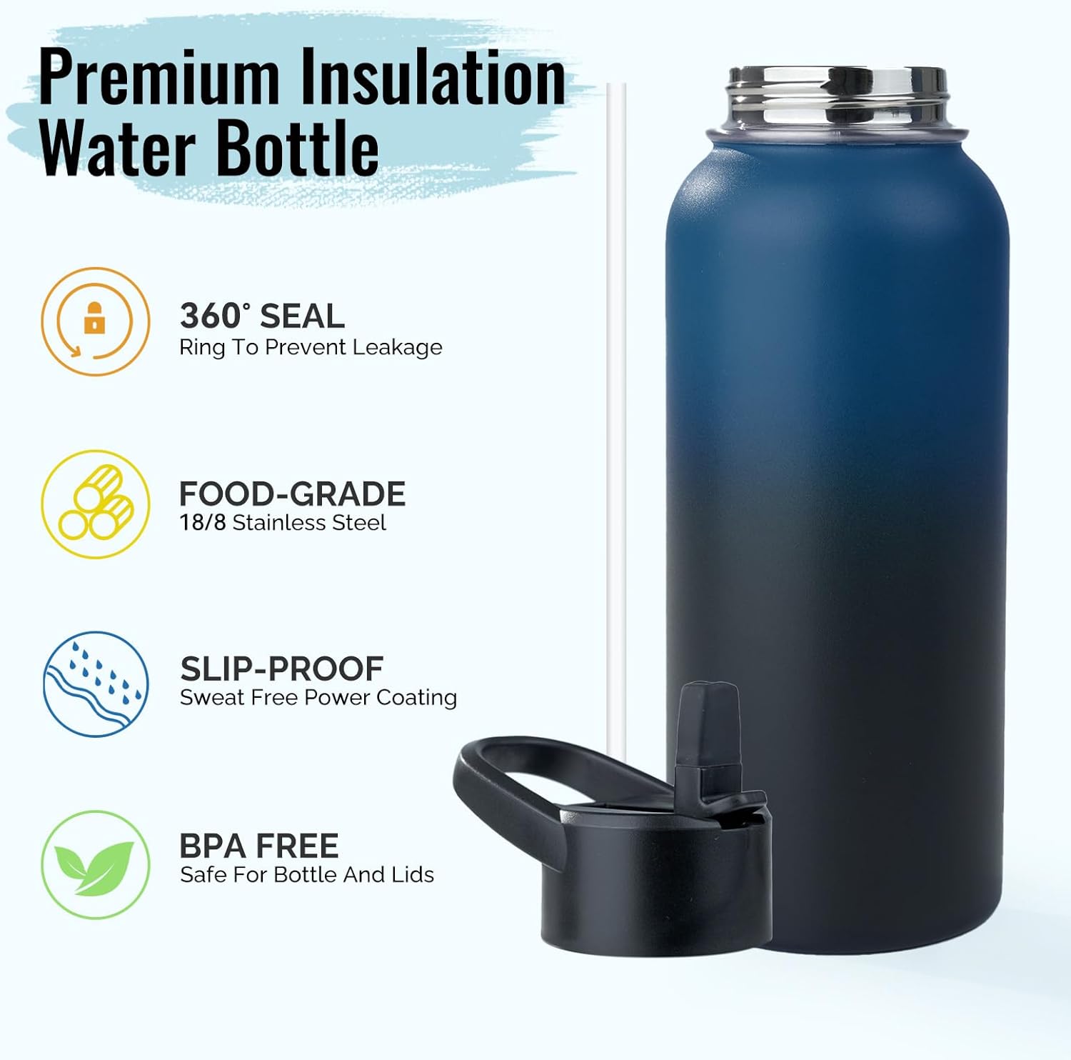 Botella de agua de acero inoxidable con popote y tapa de boca ancha, mango giratorio ancho, botella de agua aislada al vacío de doble pared de 40
