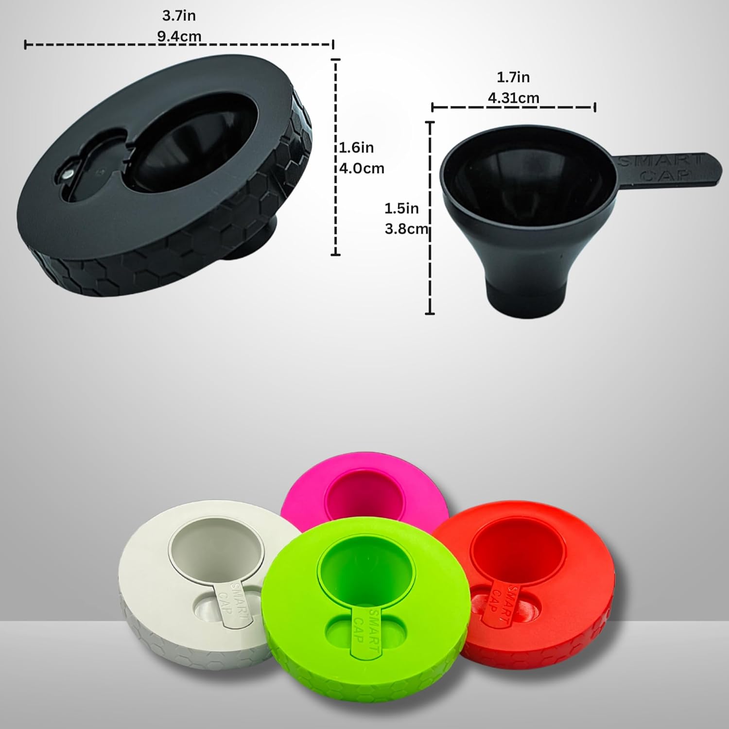 Smart Cap – Una tapa revisada con un embudo magnético empotrado, perfecta para polvos de suplemento y pre-entrenamiento. Fácil de limpiar, sin
