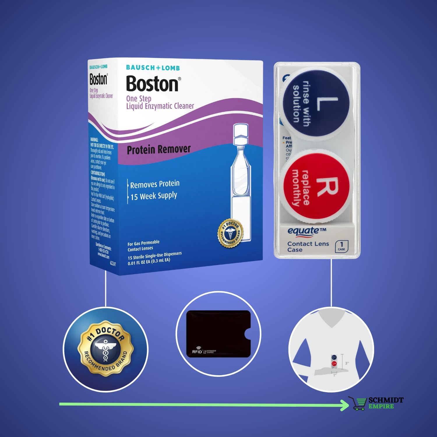 1 limpiador enzimático líquido Boston One Step de Bausch Lomb, 15 dispensadores estériles de un solo uso + 1 funda para lentes de contacto + 1