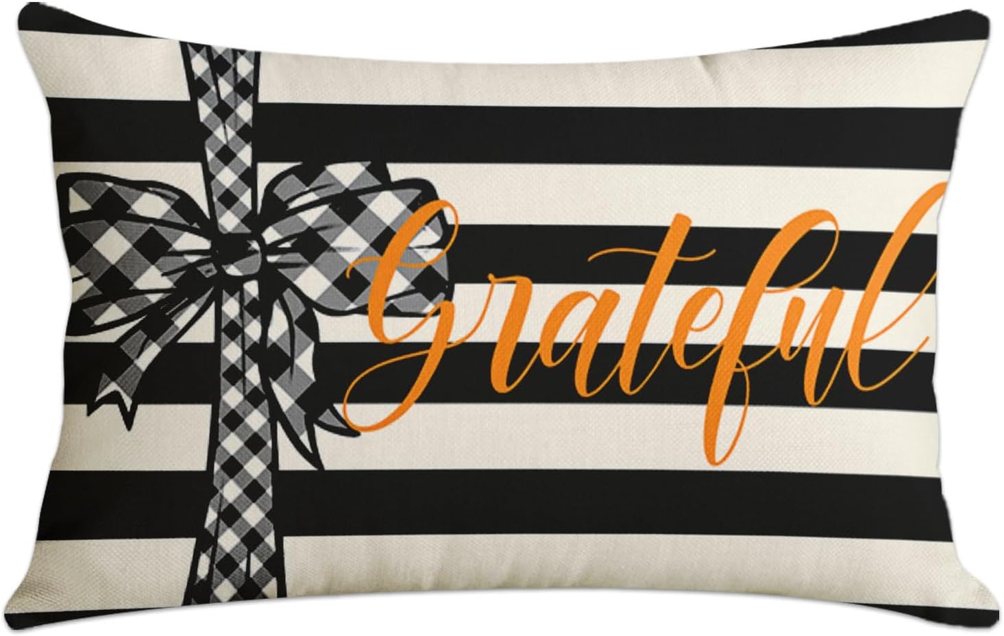 Funda de almohada de otoño con lazo a rayas blancas y negras, decoración de casa de campo, rectangular, de lino, para el hogar, 12 x 20 pulgadas