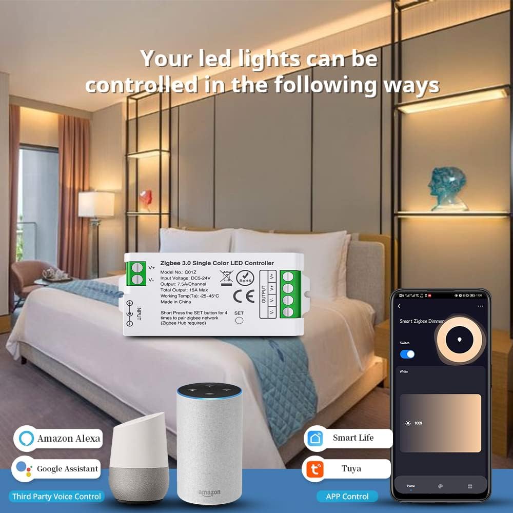 C01Z Zigbee 3.0 Controlador LED WiFi para tira LED de 2 pines de un solo color, cuerdabombillas, compatible con Philip H-UE Home-Kit Tuya.etc Zigbee