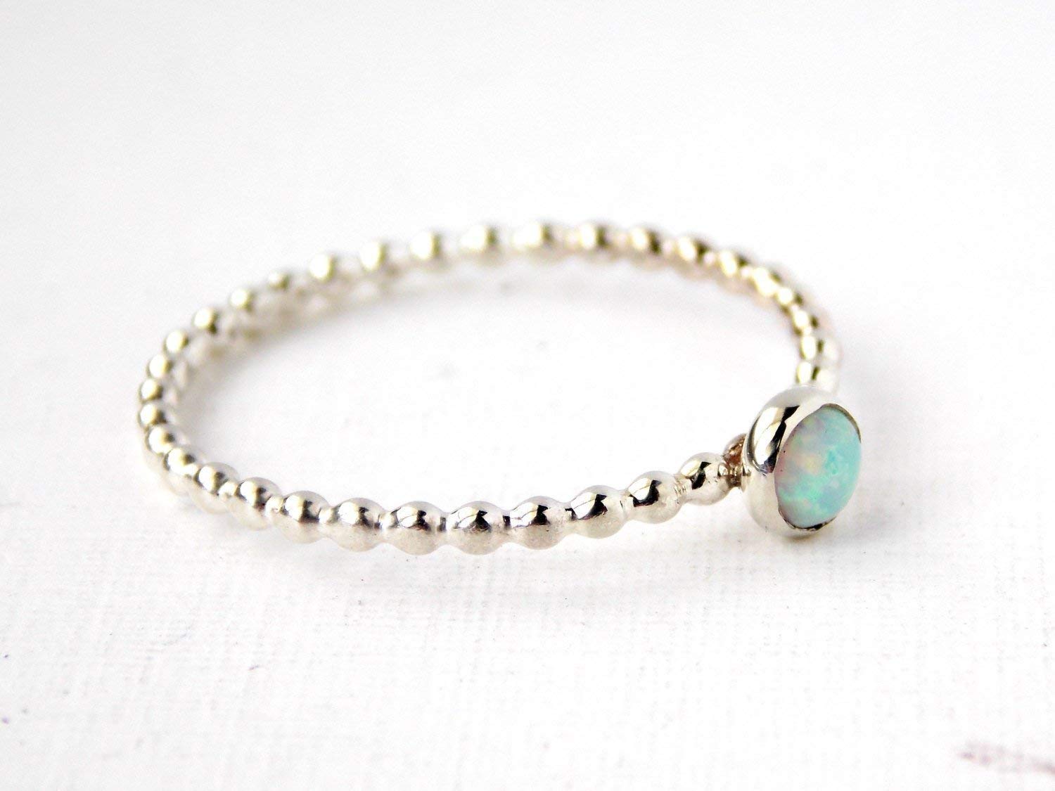 4mm Opal Beaded Cab Ring stackable birthstone ring, sterling silver ring, opal ring, simple ring, dainty ring, dotted ring, October birthstone