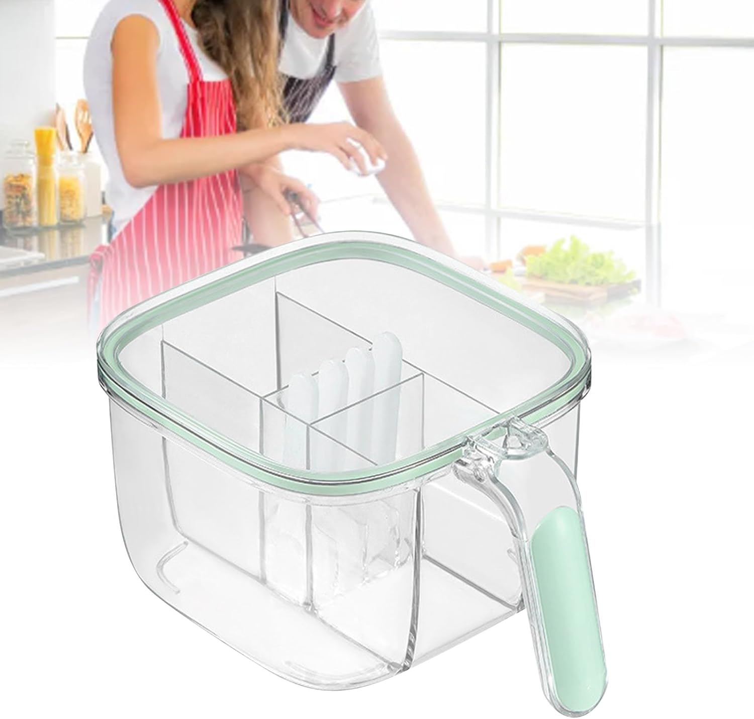 TOPINCN Caja de condimentos de 4 compartimentos con 4 cucharas de servir y tapa, caja de condimentos transparente para ventana, caja de