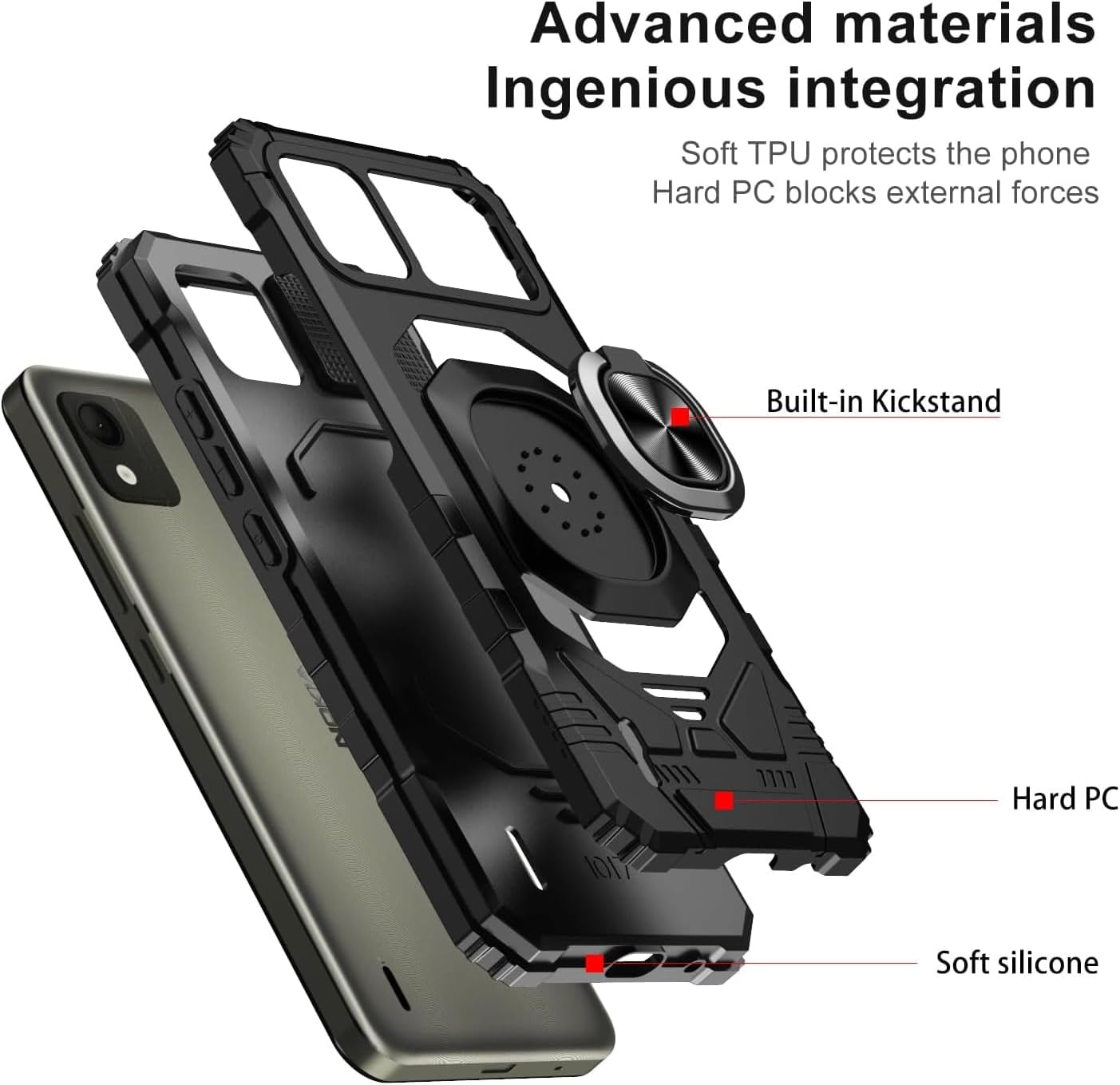TJS Funda compatible con Nokia C110 N156DL 5G, con protector de pantalla de vidrio templado, soporte magnético de anillo de metal, soporte magnético