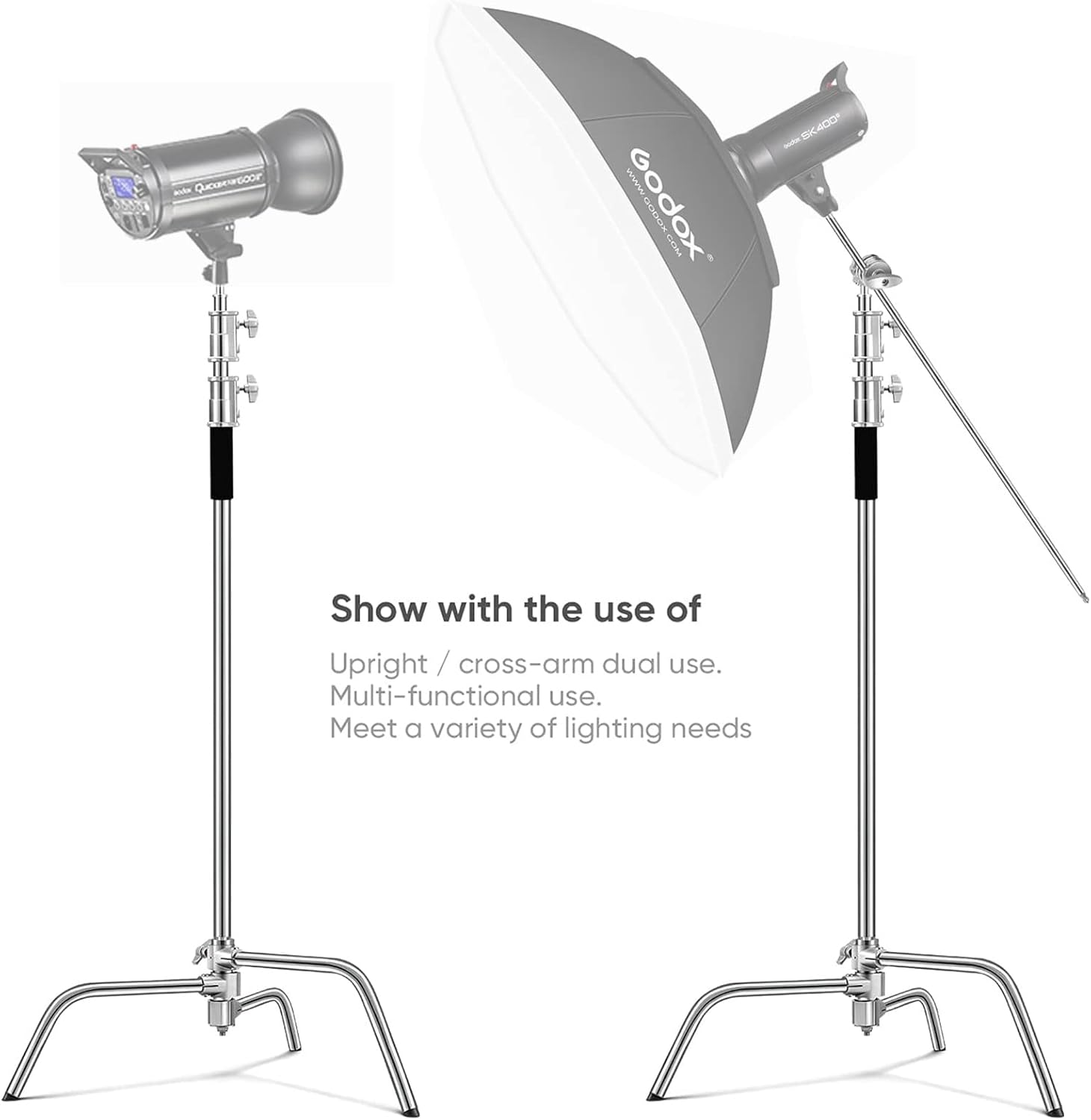 Soporte en C resistente de acero inoxidable con brazo de pluma Altura máxima 10.8 pies129.9 in, soporte de luz ajustable para fotografía con brazo