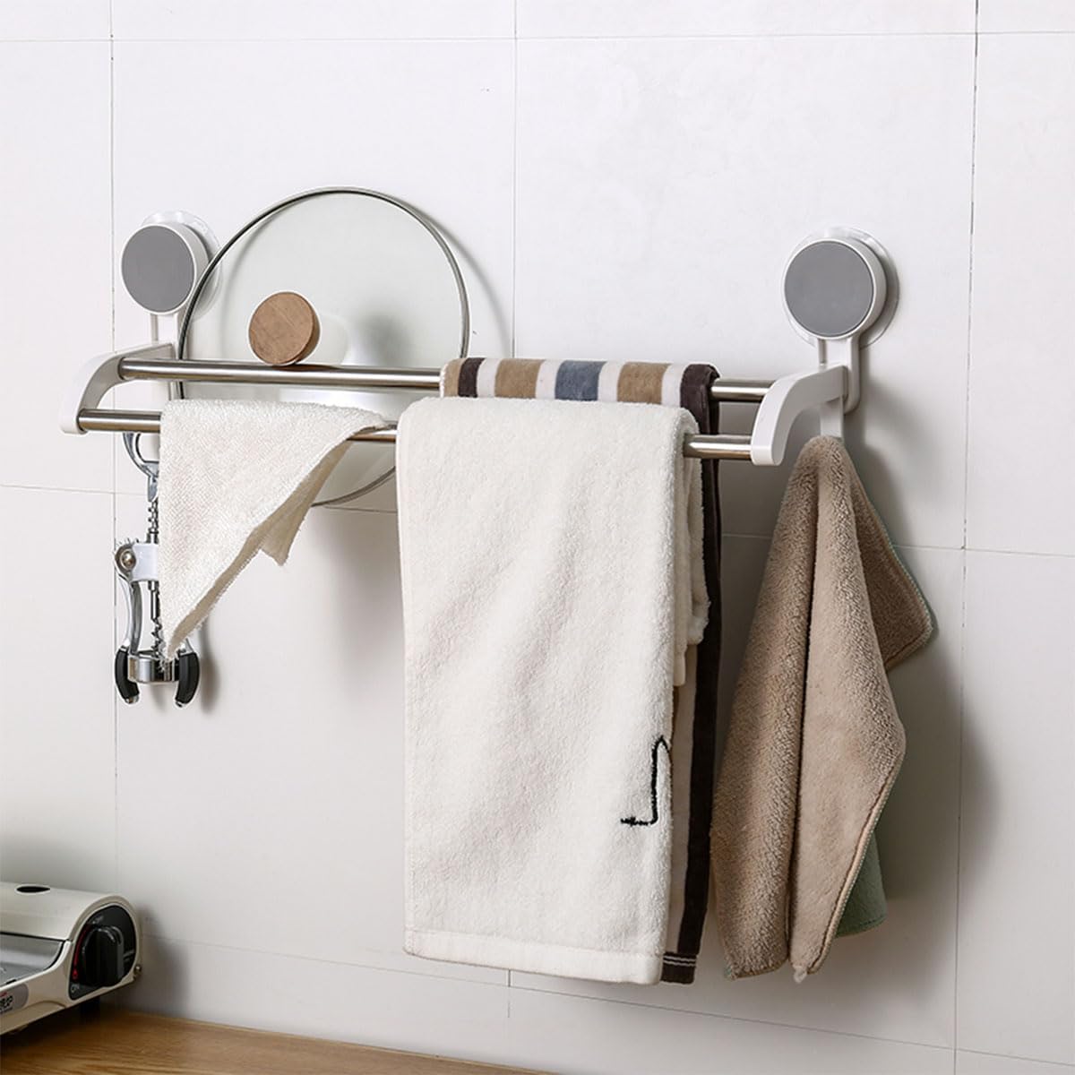 Cetomo Toallero de doble barra montado en la pared con 2 ganchos para ducha, puf, paño de limpieza, cepillo de cocina, baño, marco de plástico,