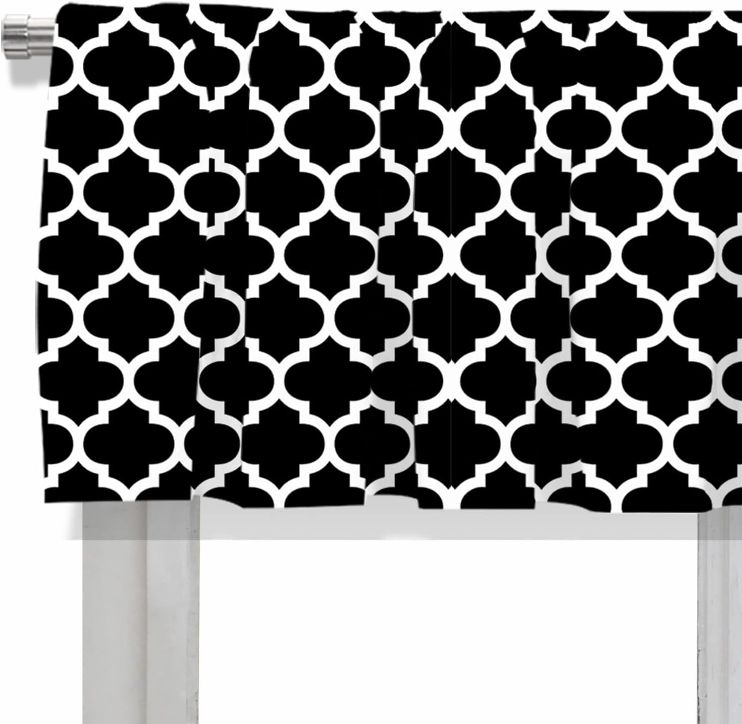 Cenefa de cortina corta opaca con patrón geométrico marroquí y bolsillo para barra, para decoración de cocina, dormitorio, 52 x 18 pulgadas, blanco
