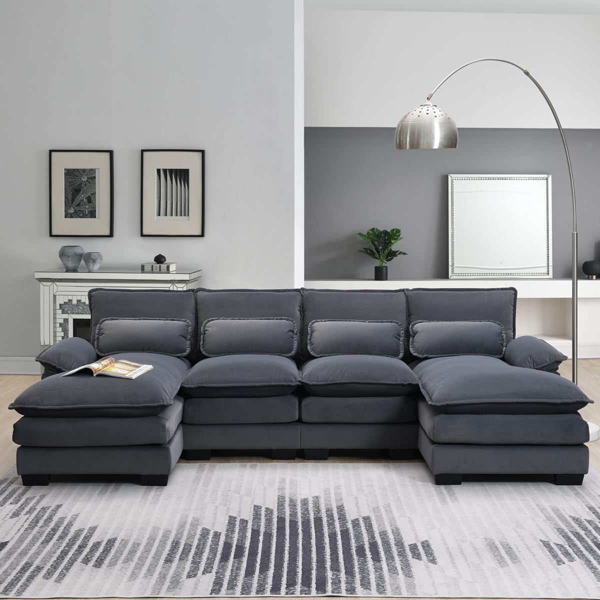 Sofá modular en forma de U de 109.8 pulgadas con almohadas para la cintura, sofá simétrico tapizado de 6 asientos, sofá cama con diván, color gris