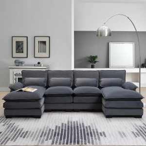 Sofá modular moderno en forma de U con almohadas para la cintura, sofá cama simétrico tapizado de terciopelo de 6 plazas con diván para sala de Sofá modular moderno en forma de U con almohadas para la cintura, sofá cama simétrico tapizado de terciopelo de 6 plazas con diván para sala de