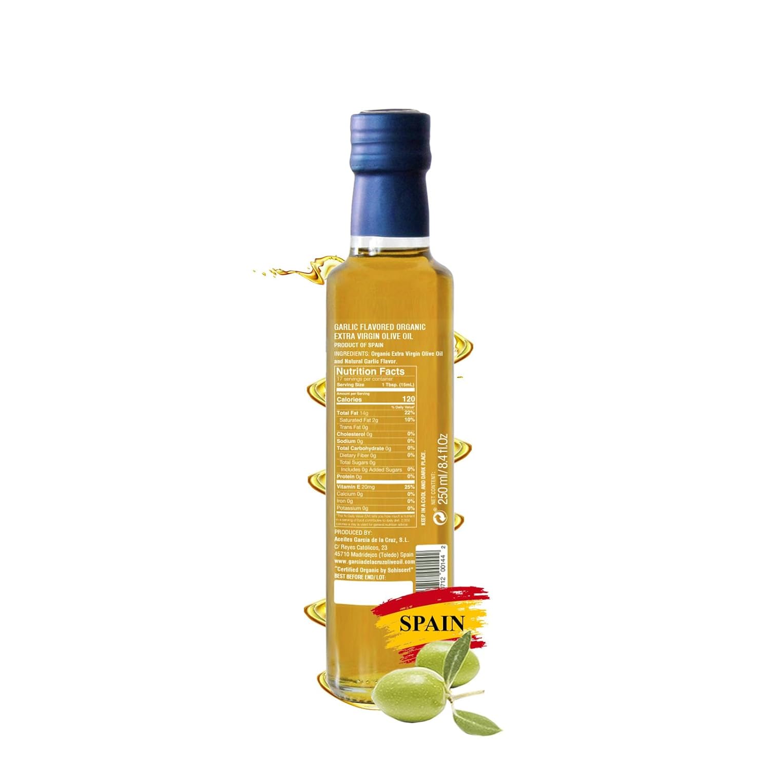 Aceite de oliva con infusión de ajo de Garcia de la Cruz, aceite de oliva orgánico español de primera calidad, de origen único, sin OMG y orgánico