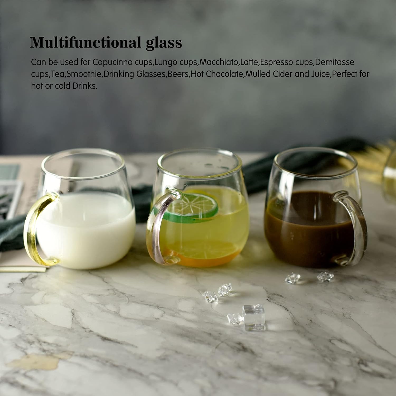 Juego de 4 tazas de café de vidrio transparente de 13 onzas con asas, perfectas para latte, moca, capuchino, té y jugo, juego de tazas de café