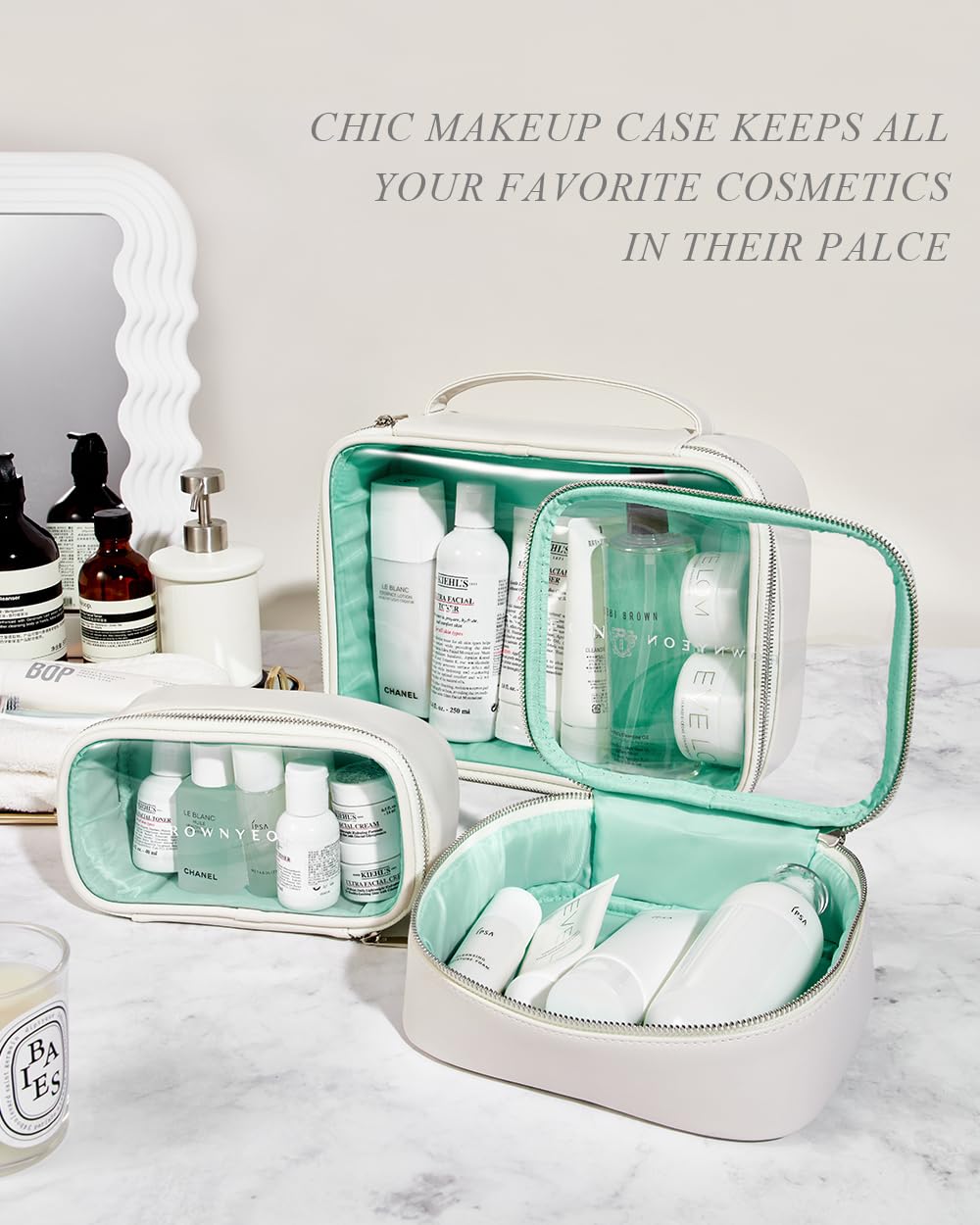 Rownyeon – Estuche de maquillaje transparente, 3 piezas, juego de bolsas de cosméticos transparentes, estuche de viaje para maquillaje, organizador