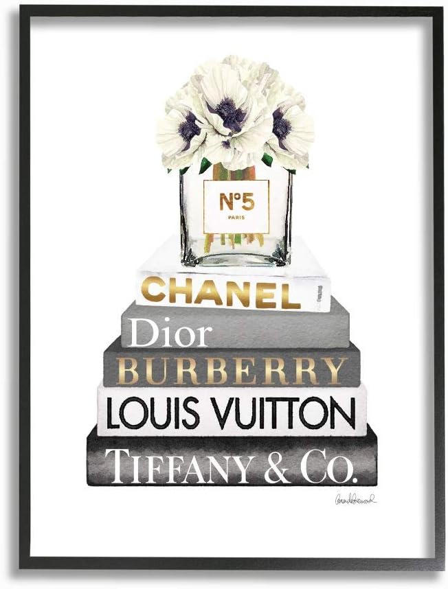 Stupell Industries Blooming White Floral Display on Glam Designer Bookstack – Arte de pared, 11 x 14, enmarcado negro