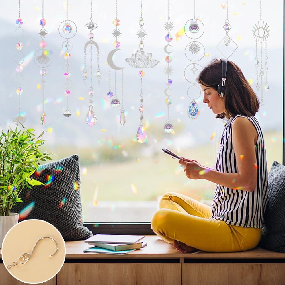 Atrapasoles, 10 piezas de cristal atrapasoles prisma kit para colgar con cadena de arco iris, bolas de cristal, colgantes adornos para ventana