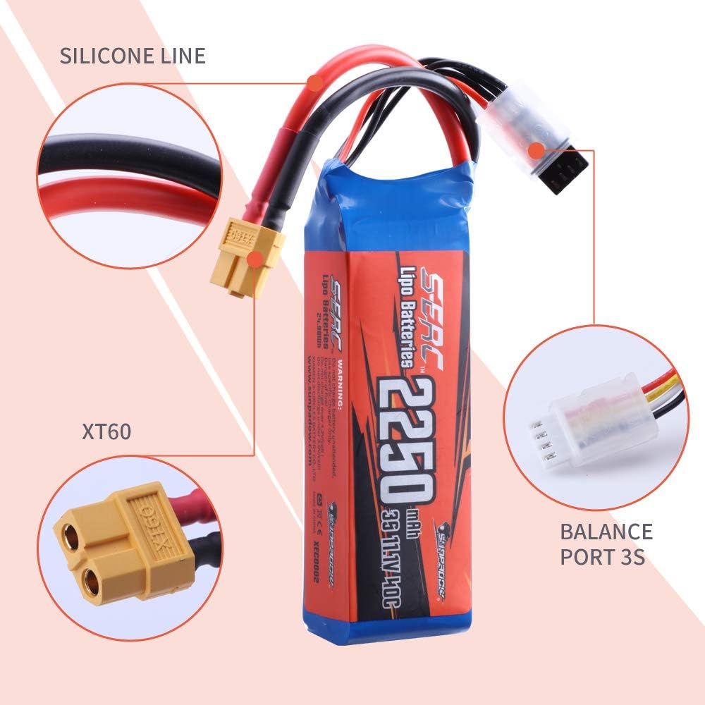 SUNPADOW Batería Lipo RC de 11.1V 3S 40C 2250mAh con conector XT60 recargable para avión RC Quadcopter, helicóptero, drone FPV Racing Hobby (2