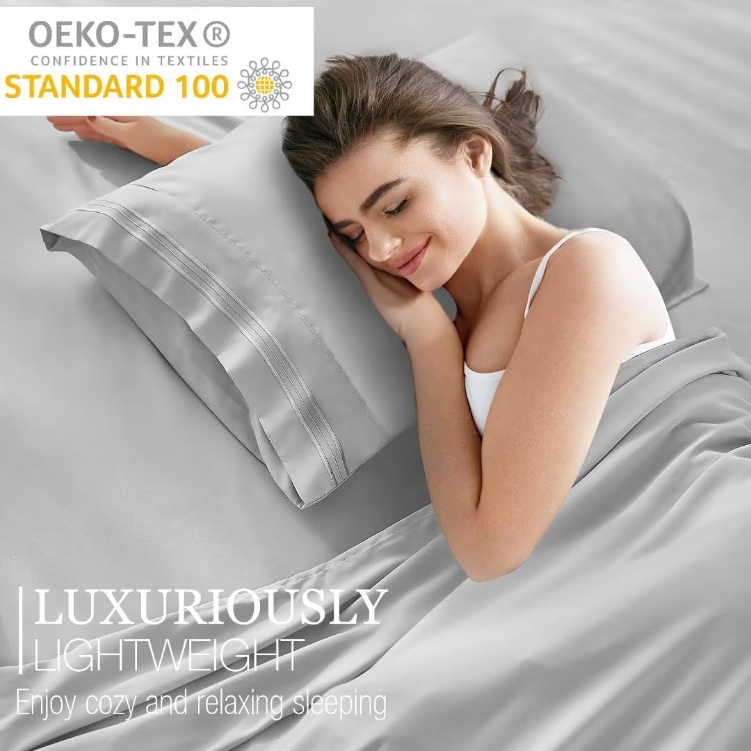 Juego de sábanas de tamaño matrimonial, color gris claro, sábanas bajeras y fundas de almohada, 4 piezas de microfibra de enfriamiento suave para