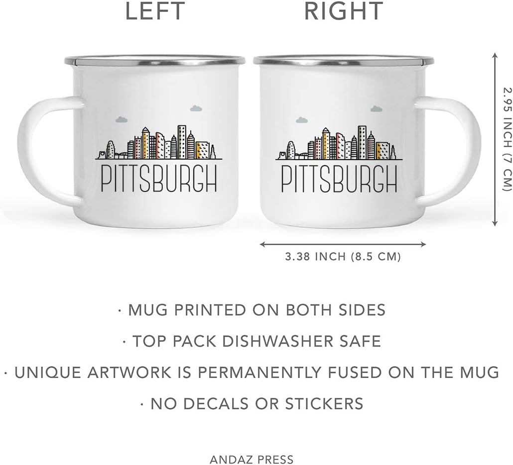 Andaz Press Taza de café de acero inoxidable de 11 onzas, Pittsburgh, gráfico colorido del horizonte de la ciudad, 1 paquete, ideas de regalo de