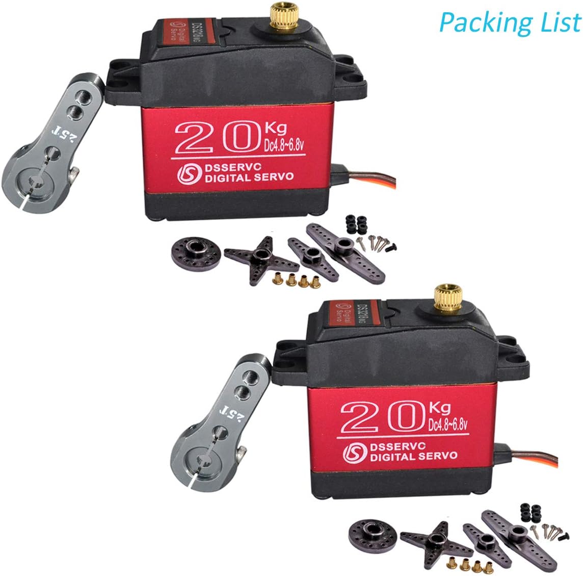 2 juegos de servo digital RC de 44.1 lbs, gran par de torsión de alta velocidad, servomotor impermeable de 180 grados con servo bocina de 25T para