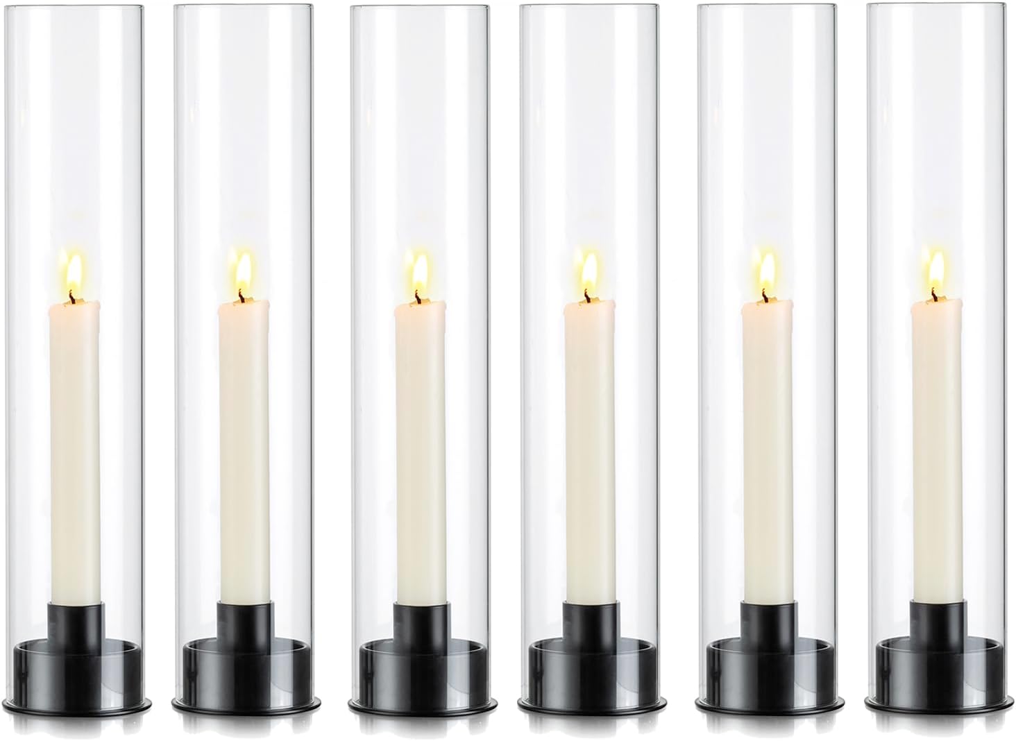 Glasseam Juego de 6 portavelas de cristal negro Hurricane, portavelas cilíndricos de cristal, modernos portavelas cónicos con pantalla de chimenea