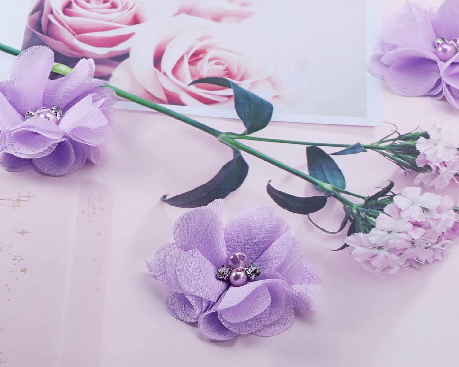 Penta Angel 20 adornos de flores de gasa de tela de 2 pulgadas con perlas de diamantes de imitación para mujeres y niñas, vestidos de manualidades,
