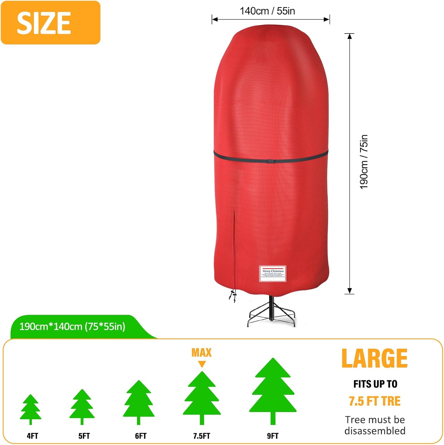 Riuog Bolsa de almacenamiento vertical para árbol de Navidad, resistente a desgarros, ajustable, para árboles montados de 7.5 pies (rojo)