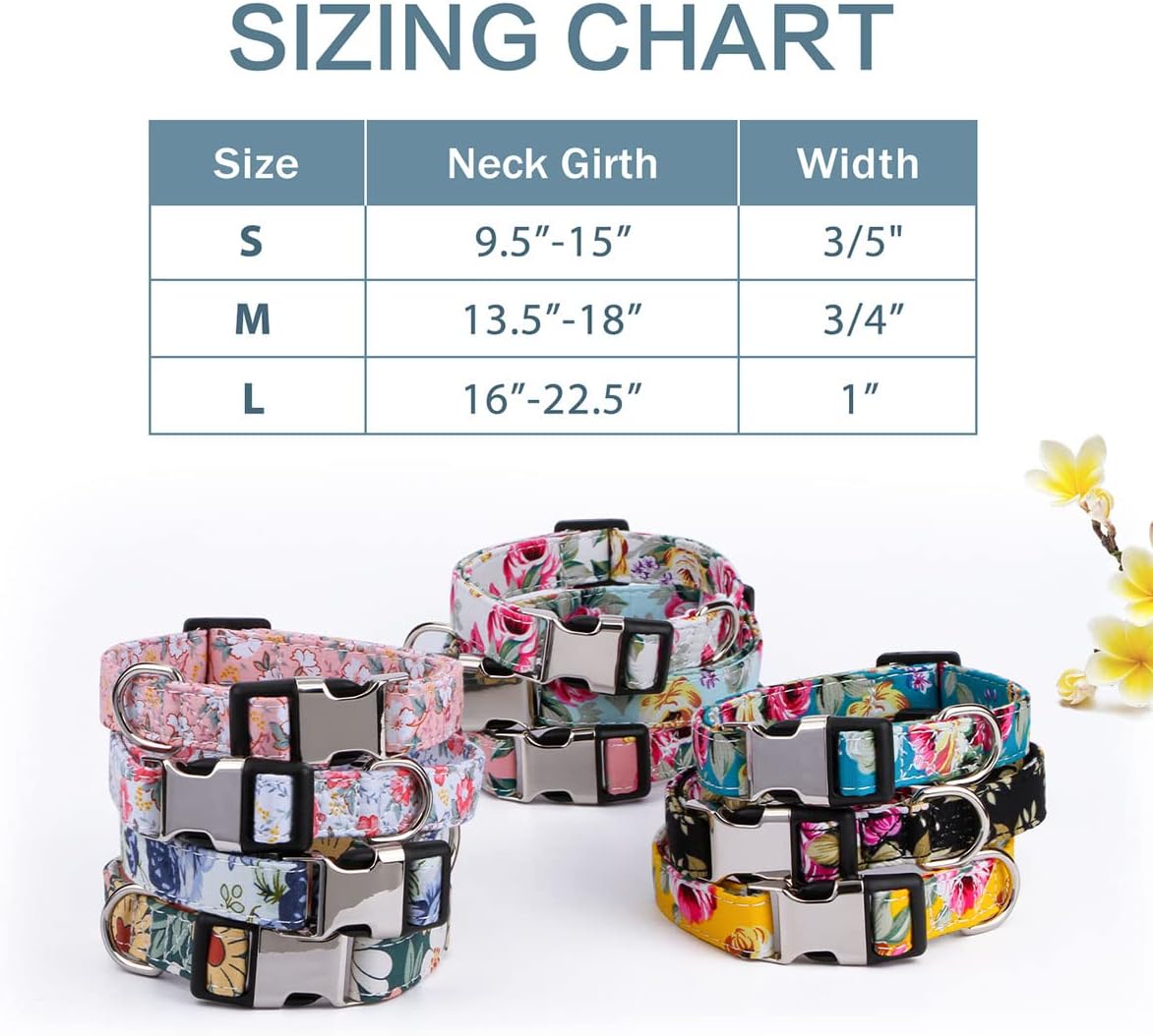 XYART Collar para perros pequeños, medianos y grandes, collar de algodón para mascotas, patrones de margaritas y rosas con hebilla de liberación