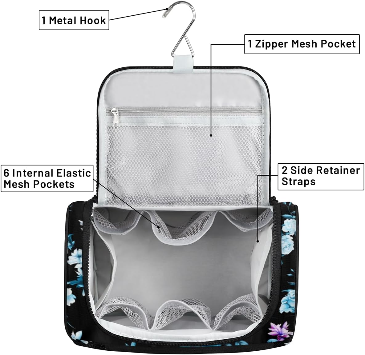 Skull Day Of The Dead Toiletry Bag for Women Travel Makeup Organizer with Hanging Hook Traveling Cosmetic Bags for Toiletries Accessories