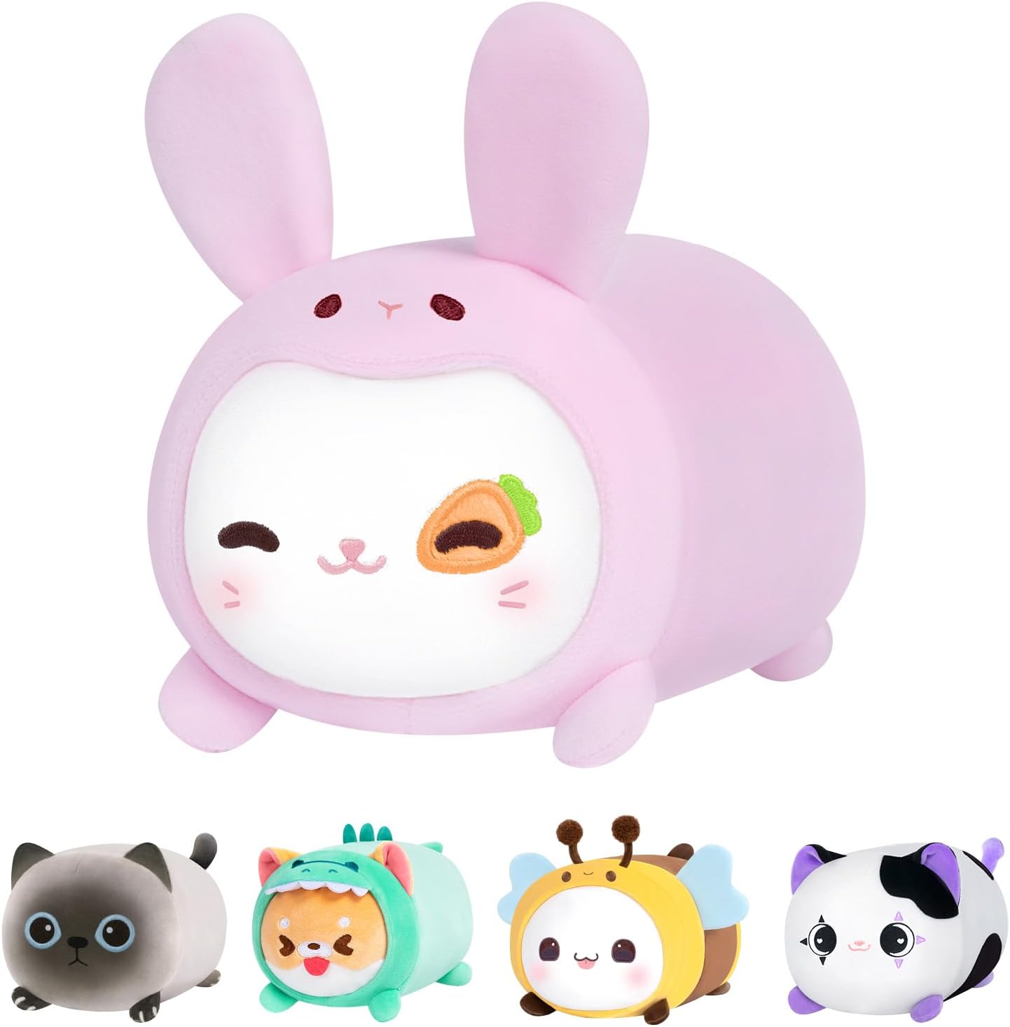 Bonita almohada de felpa de conejo y gato, peluche Kawaii, peluche de conejo zanahoria, peluche de gatito con disfraz de conejo, almohada suave y