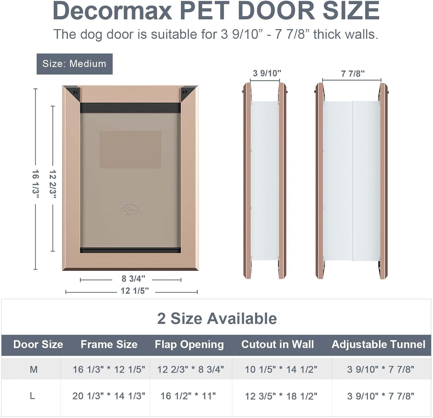 Decormax Puerta para perro para pared, puerta de perro de bajo consumo con marco de aluminio, túnel telescópico, solapas magnéticas dobles y dos